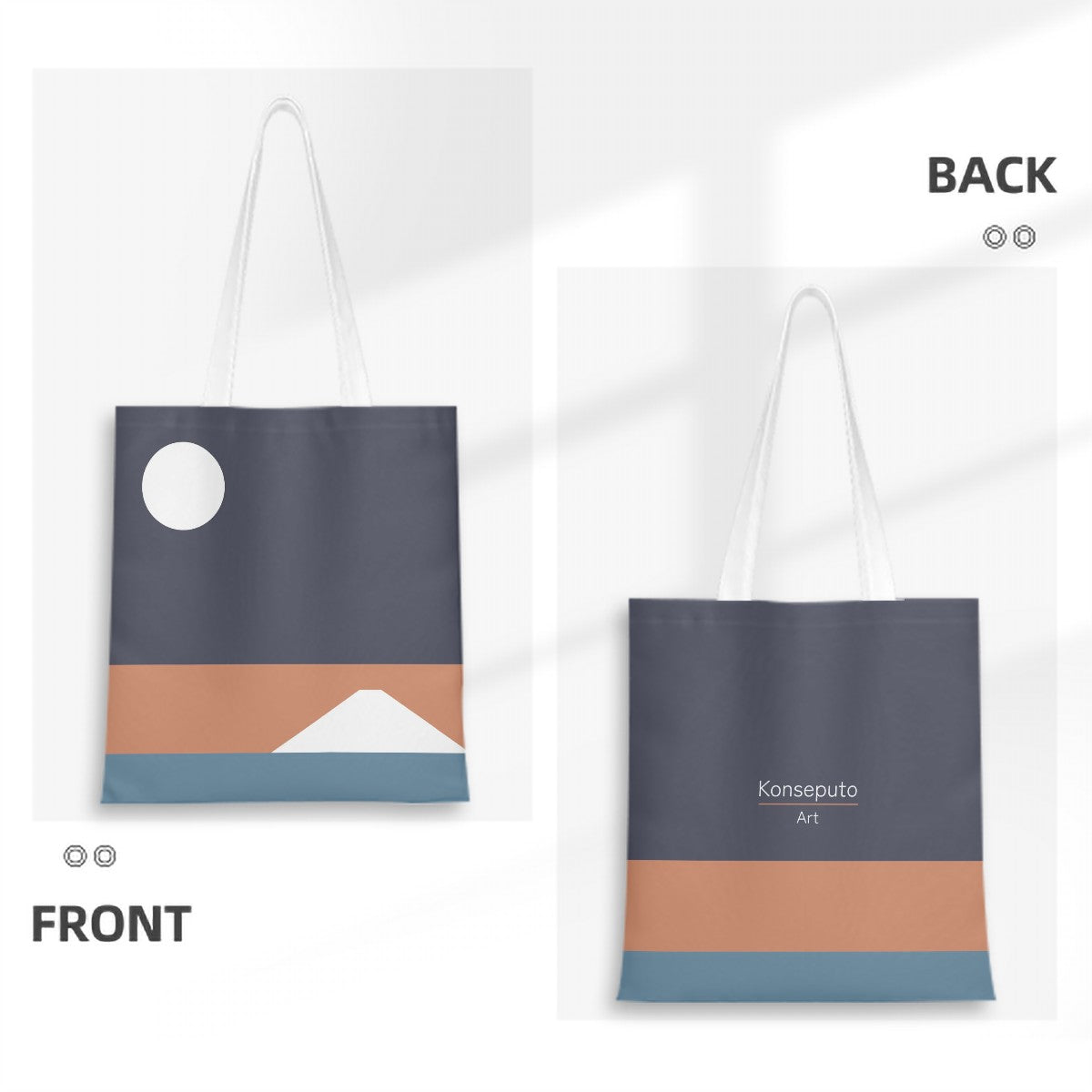 Tote bag with mountain and moon design on front, plain back, featuring 'Koriseputa Art' branding.