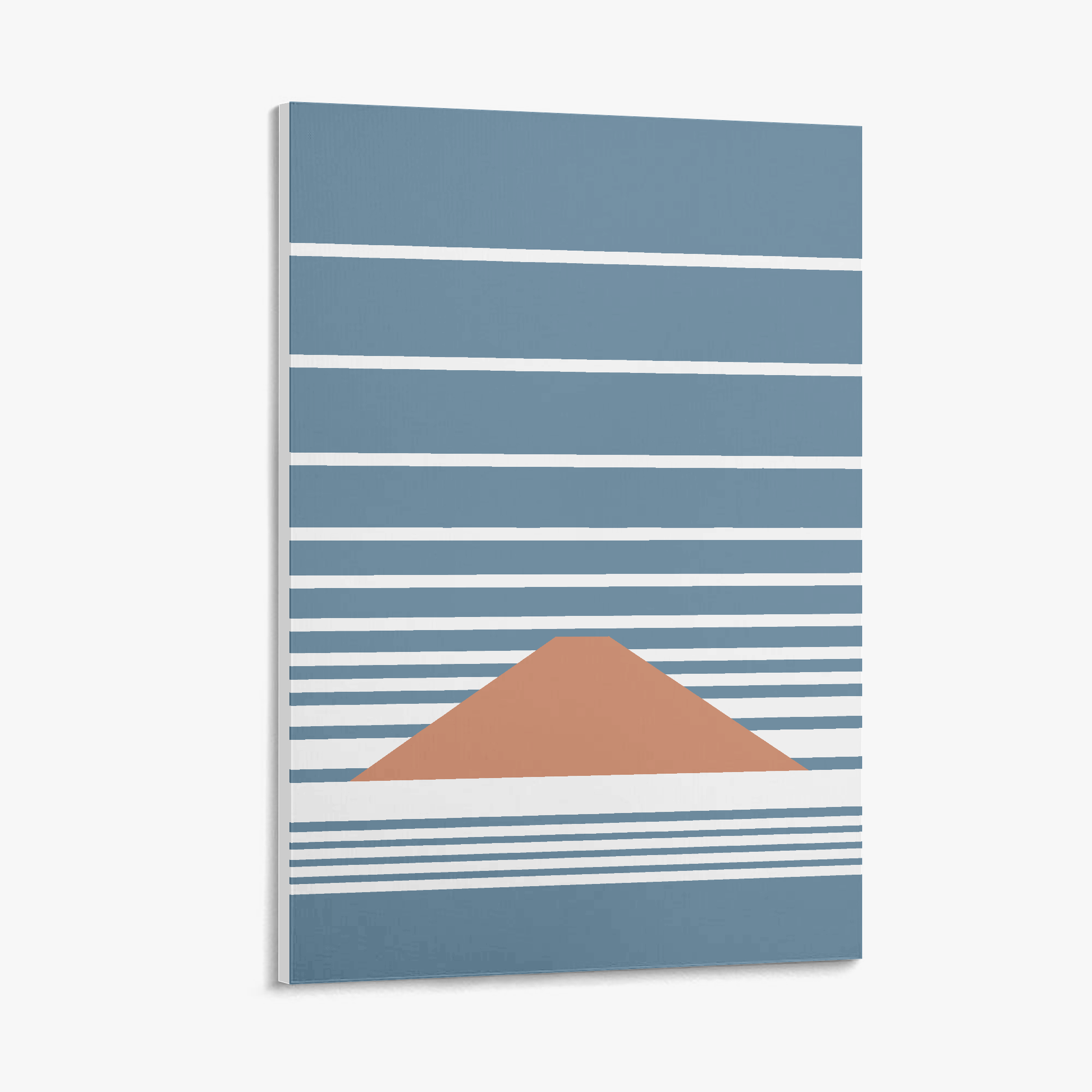 Notebook with blue and white striped design and a brown triangle on a white background