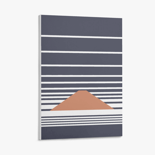 Notebook with blue and white striped design and a brown triangle on a white background