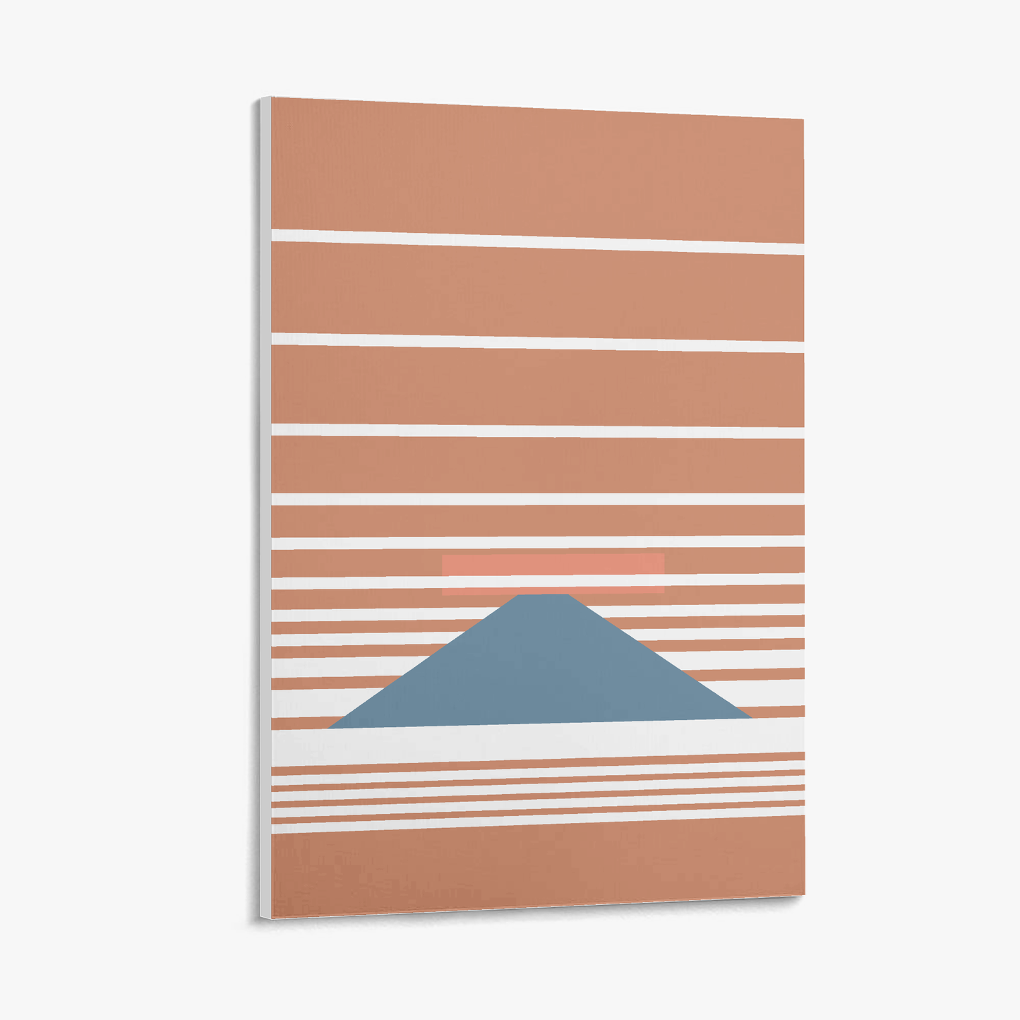 Abstract art print with horizontal stripes and a blue triangle on a white background