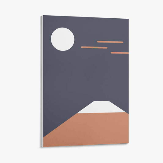 Simplified landscape design with a moon, mountain, and flat land on a dark blue background