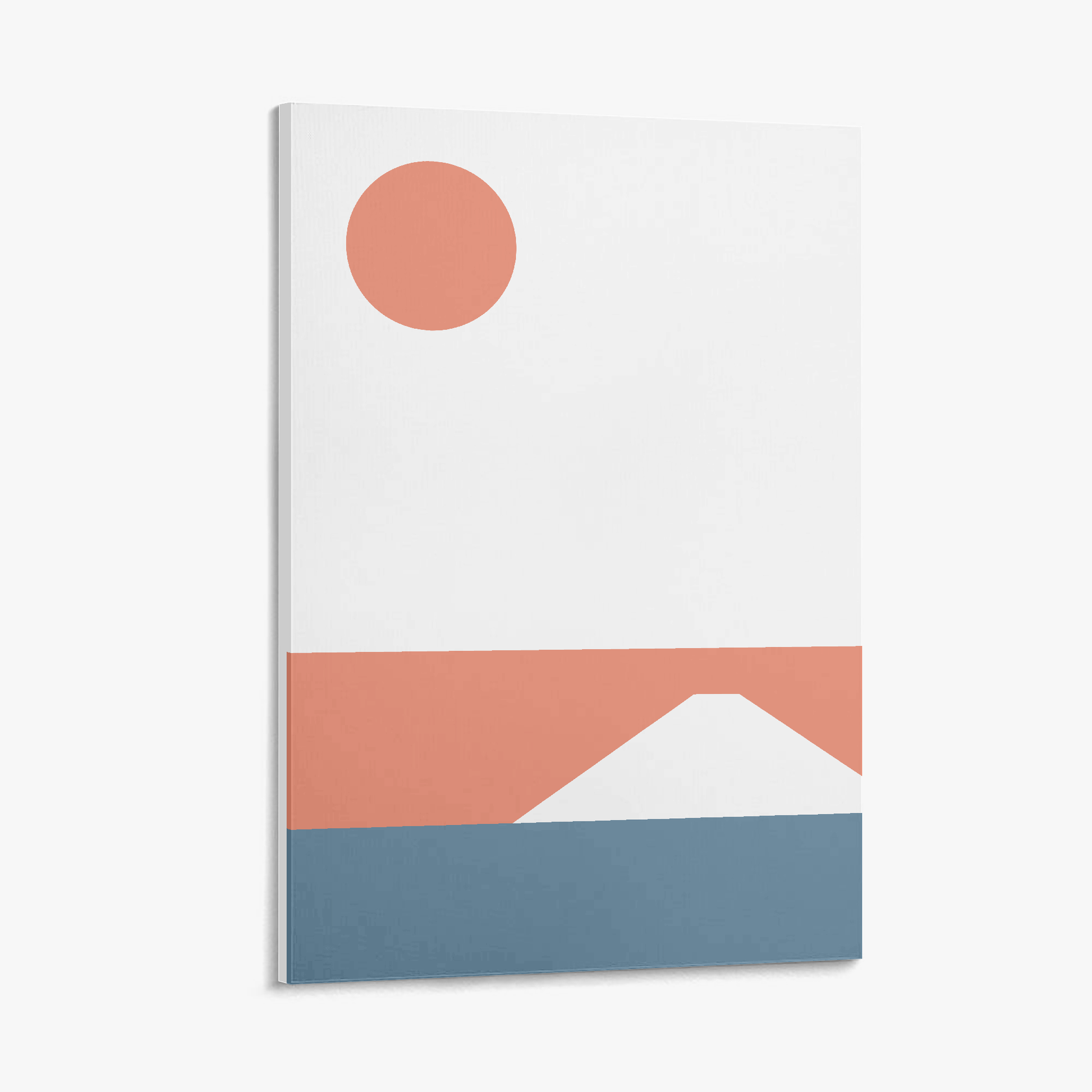 Surrealistic painting of a mountain landscape with a red sun on a white background