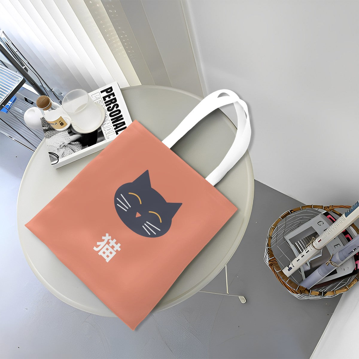 Kurumi-chan Neko Canvas Tote Bag – Smiling Black Cat Japanese Tote