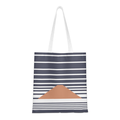 Tote bag with blue and white stripes and a brown patch on a white background