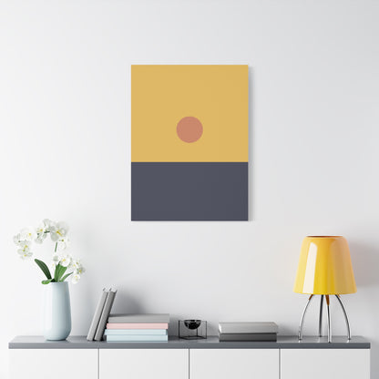 Abstract art piece with a yellow and gray color scheme on a white wall above a shelf.