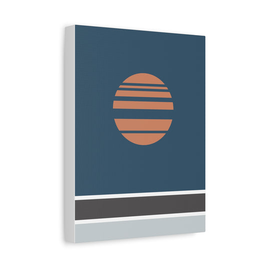 Surrealistic depiction of a planet with concentric rings on a blue background