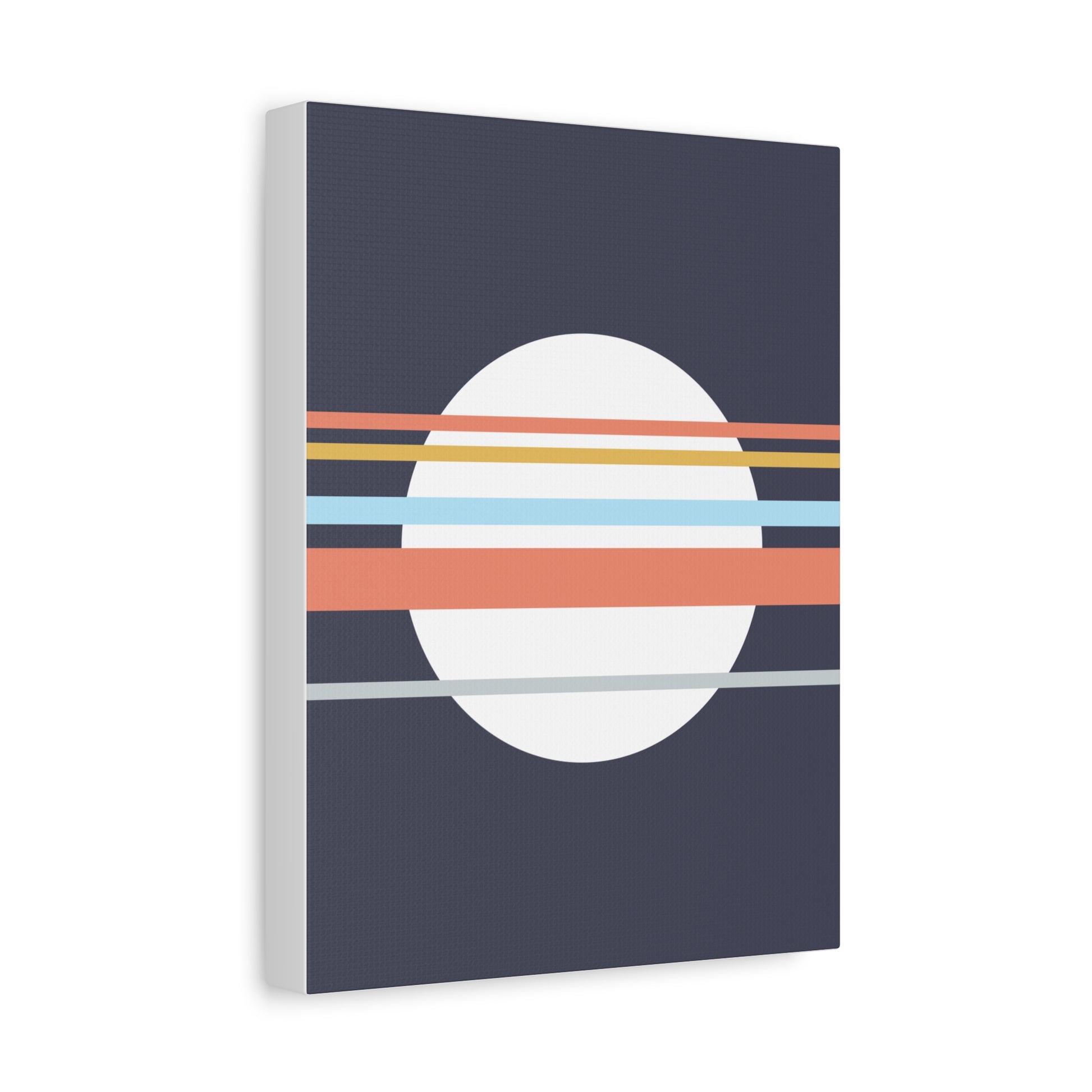 Canvas print with a circular design featuring horizontal stripes on a dark blue background