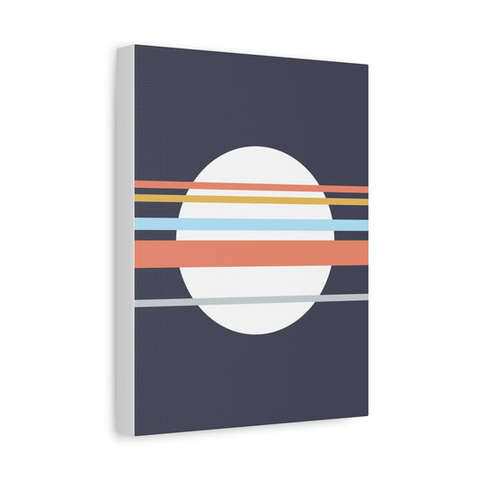 Canvas print with a circular design featuring horizontal stripes on a dark blue background