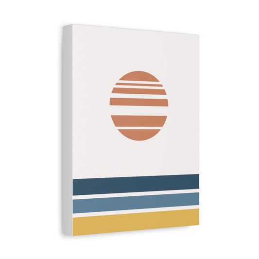 Canvas print with a stylized sun design featuring horizontal stripes in brown, blue, and yellow on a white background.
