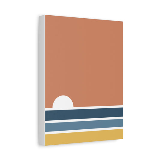 Simplified landscape design with a brown background, white circle, blue stripes, and yellow band on a white background.