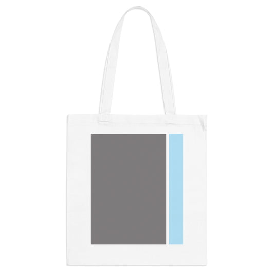 White tote bag with a gray square and blue stripe on a white background