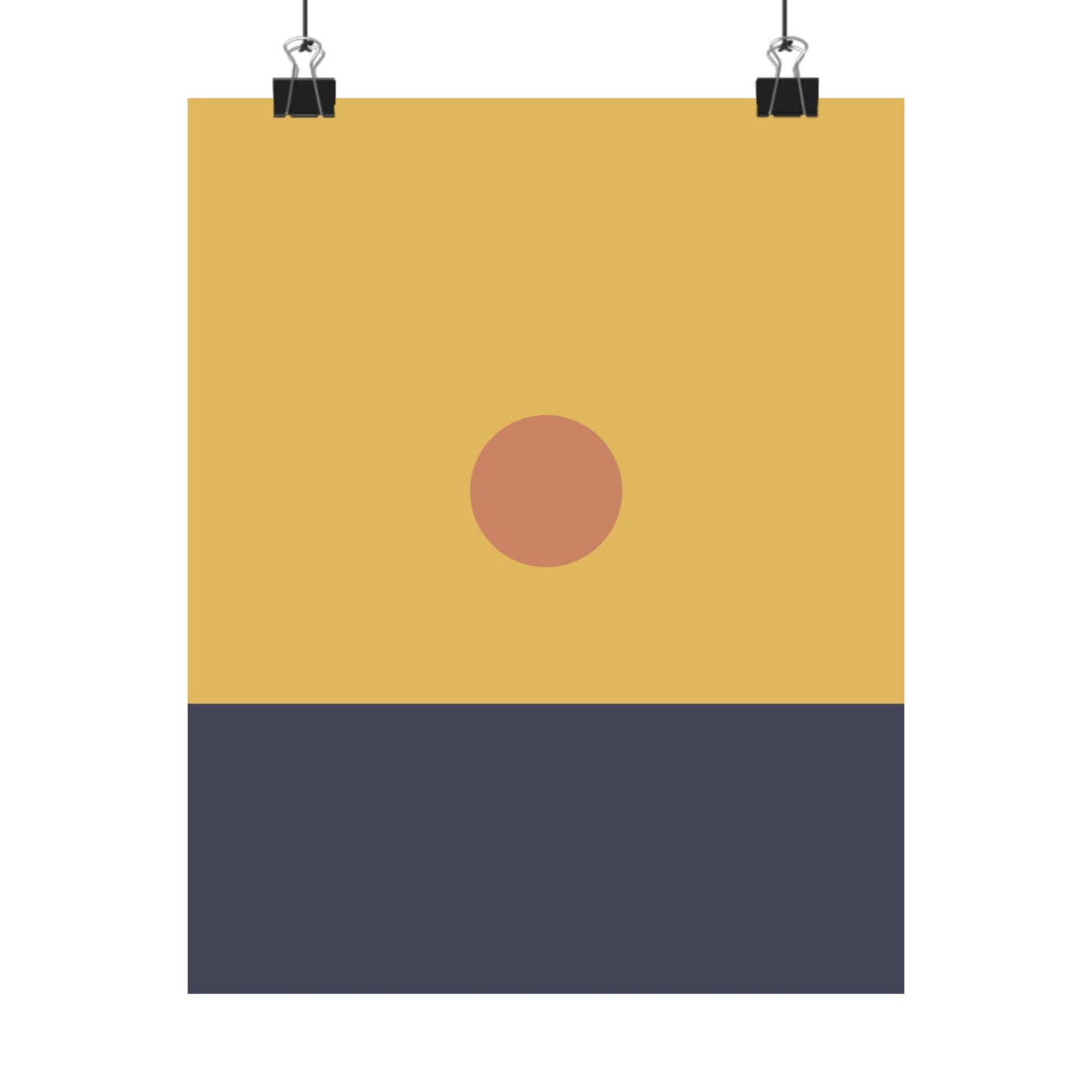 Poster with a yellow background, red circle, and navy blue stripe.