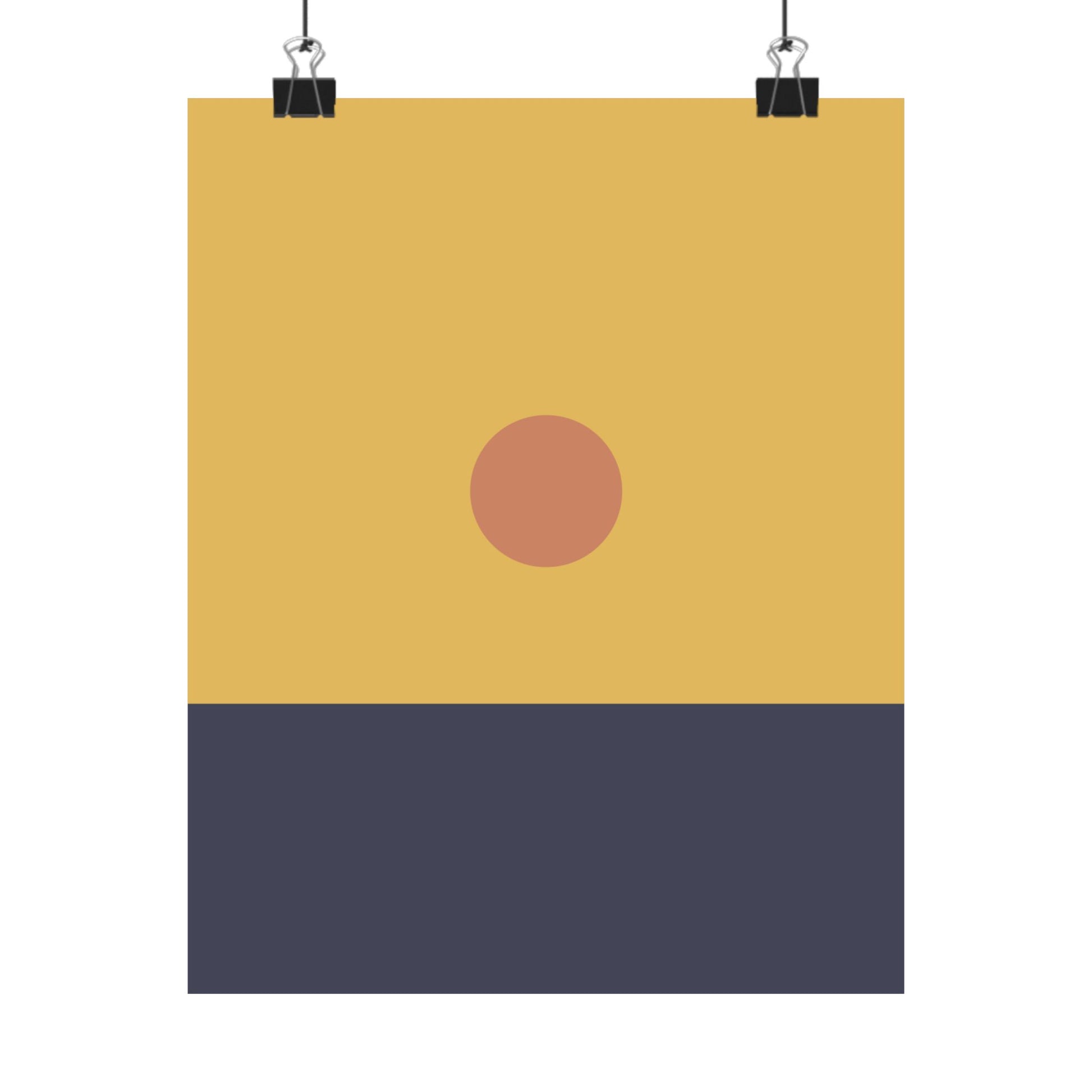 Poster with a yellow background, red circle, and navy blue stripe.