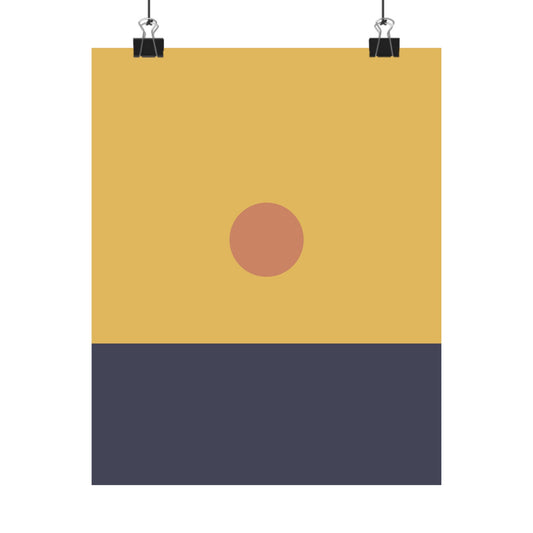 Poster with a yellow background, red circle, and navy blue stripe.