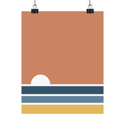 Simplified landscape design with a white circle, blue stripe, and yellow rectangle on a brown background.