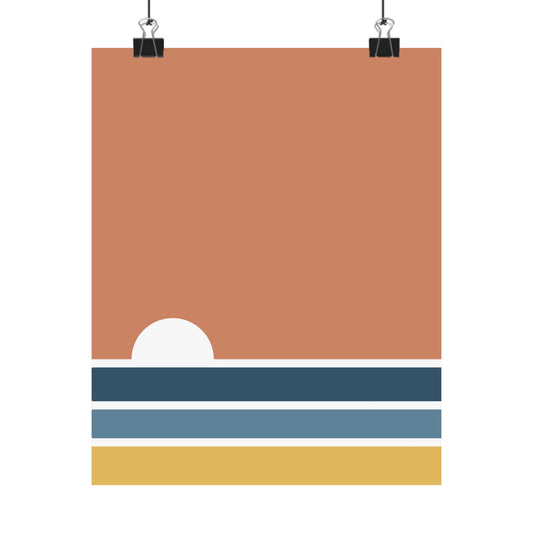Simplified landscape design with a white circle, blue stripe, and yellow rectangle on a brown background.