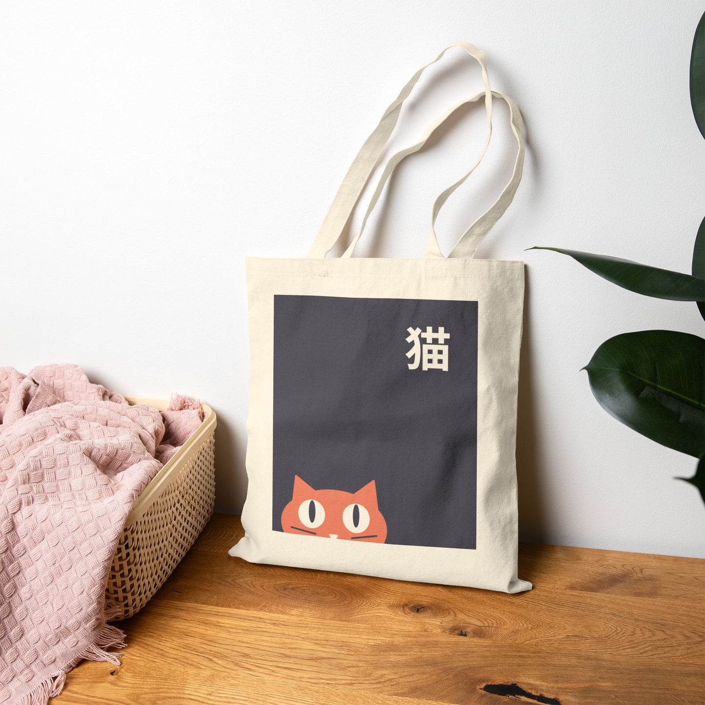Akachan Peek Neko Canvas Tote Bag – Playful Orange Cat Japanese Tote
