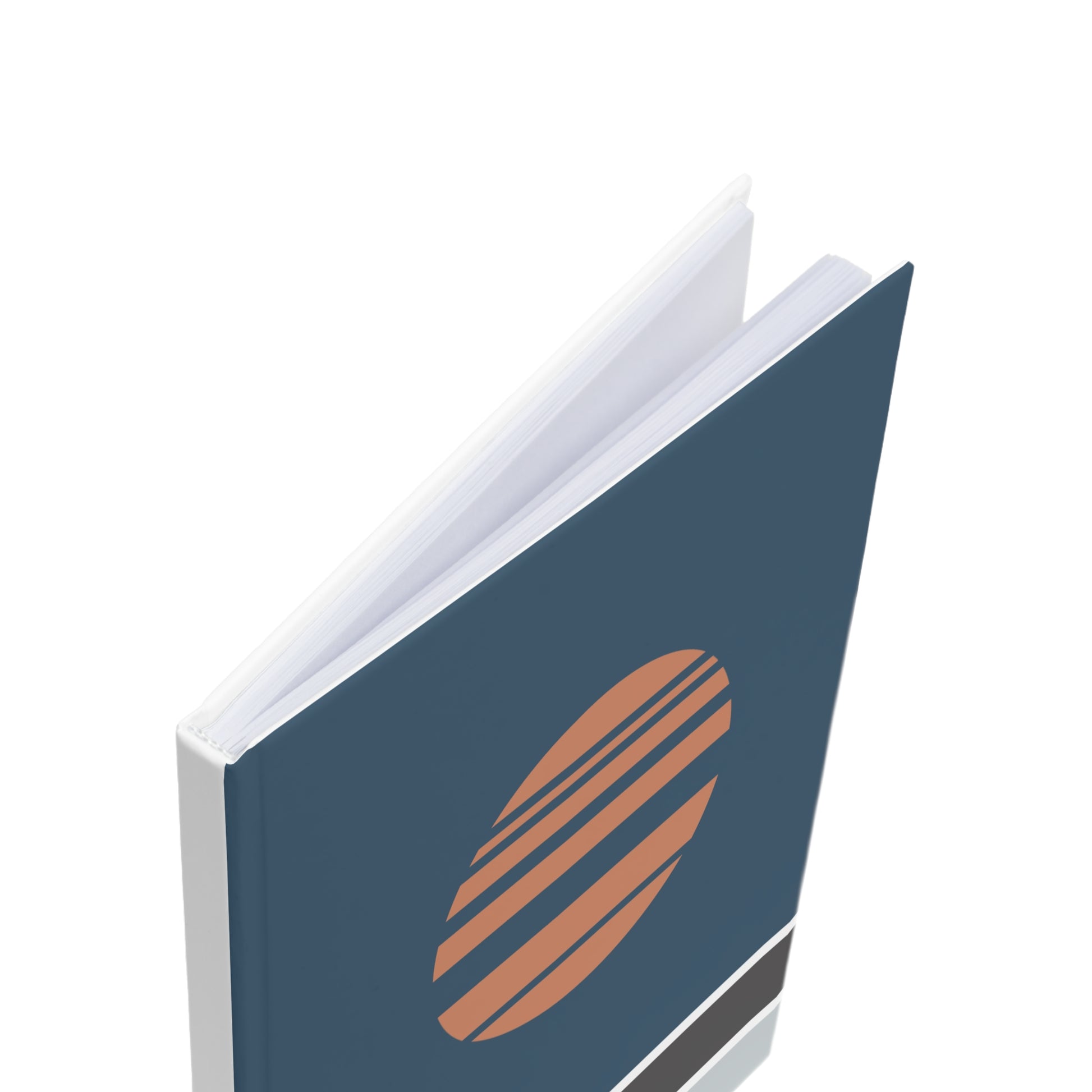 Blue notebook with a brown logo on a white background