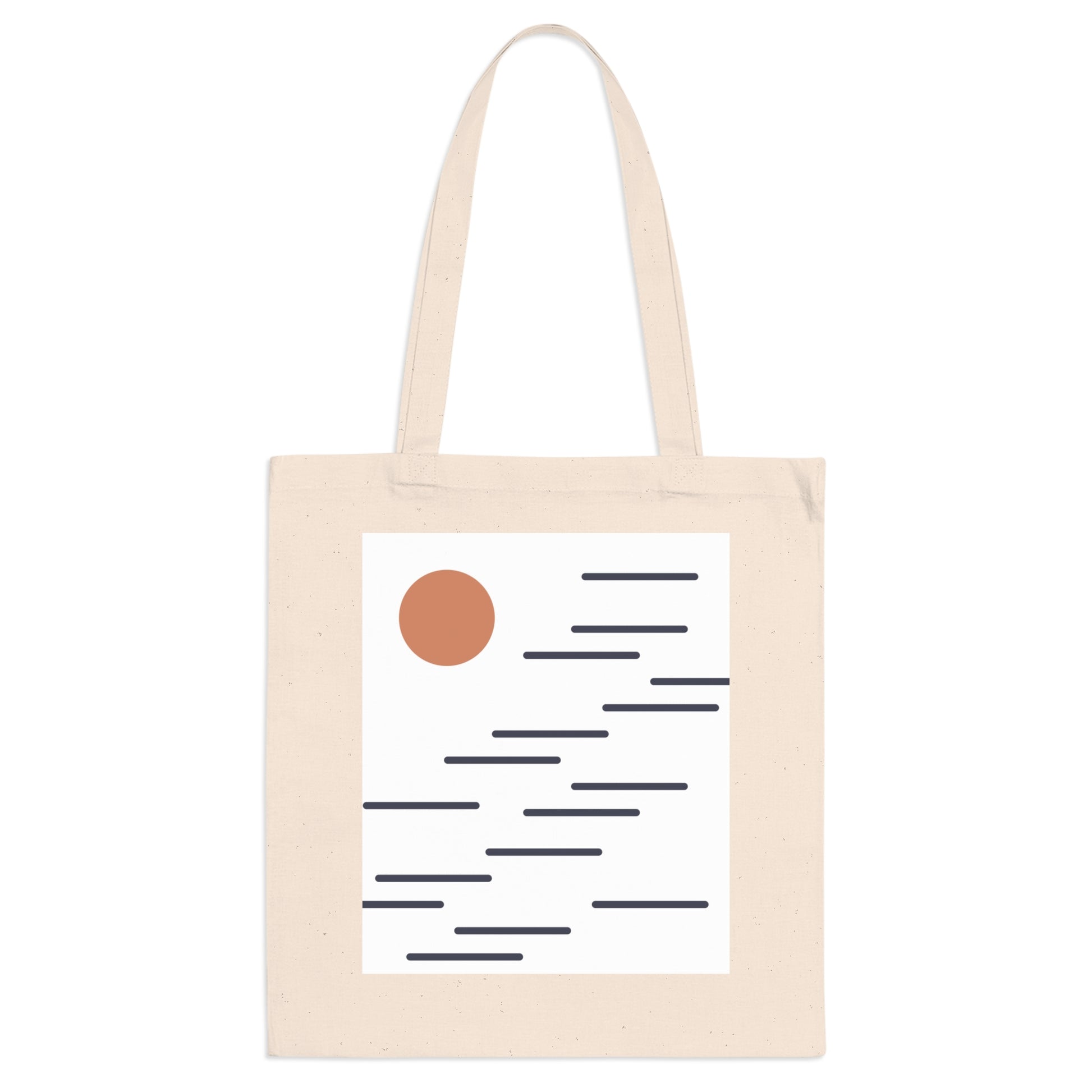 Beige tote bag with a minimalist design featuring a brown circle and black lines on a white background.