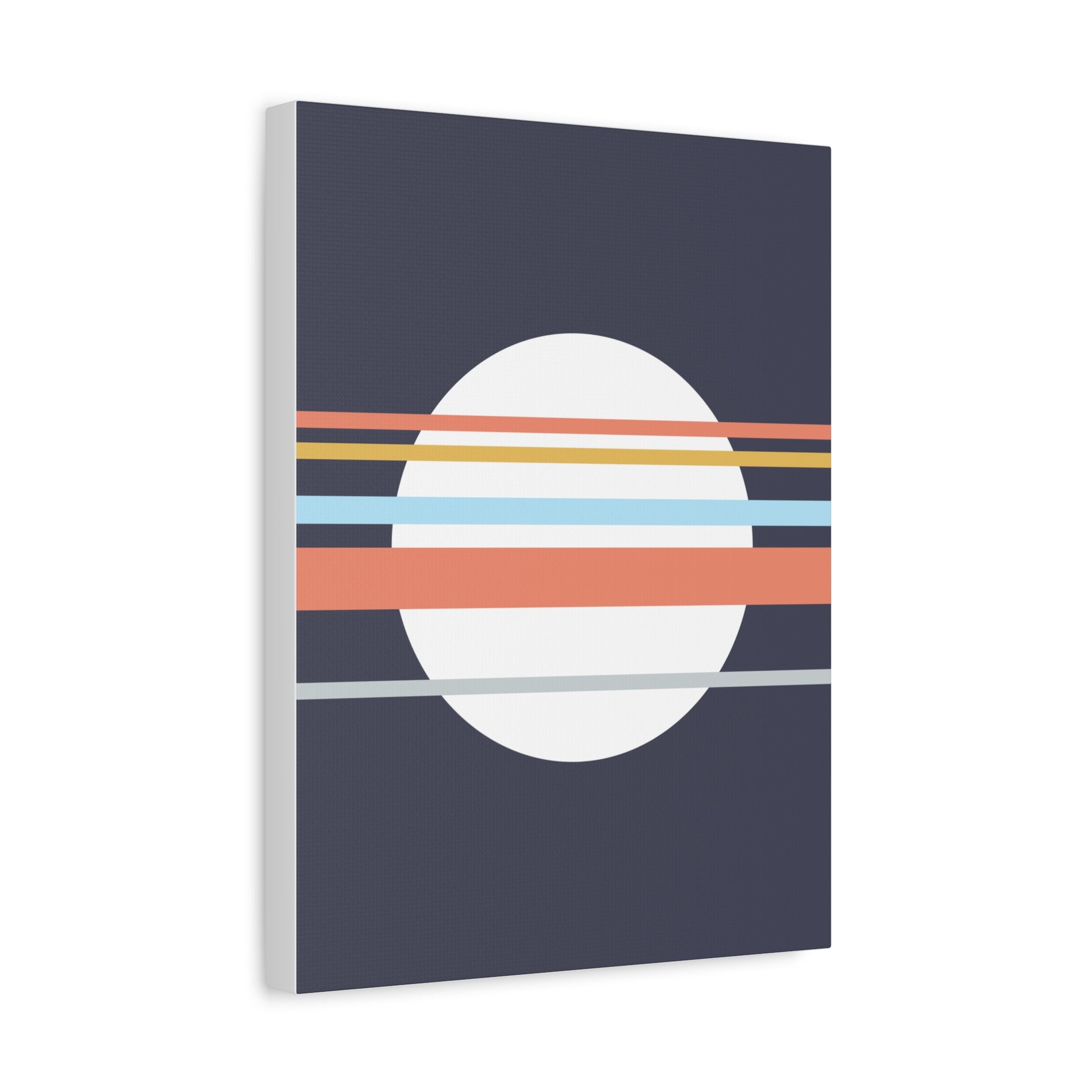 Canvas print with a circular design featuring horizontal stripes on a dark blue background