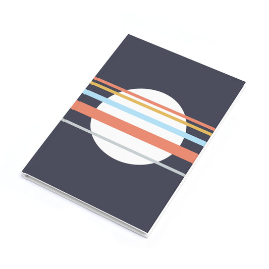 Notebook with colorful stripe design on a white background