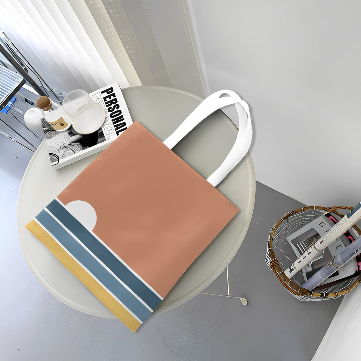 Brown tote bag with white handles on a round table