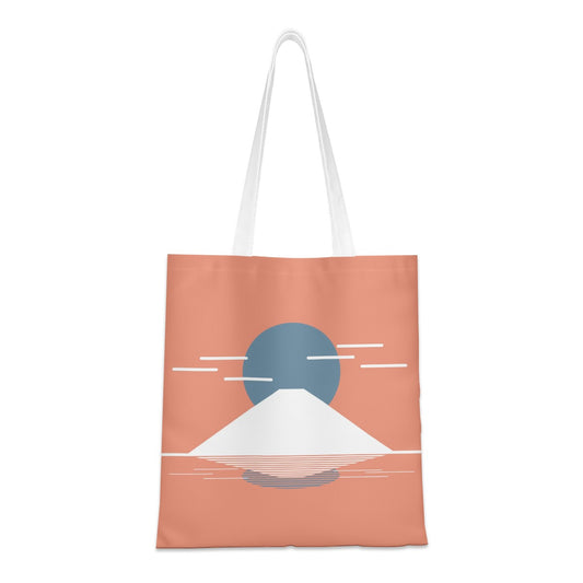 Tote bag with a mountain and sun design on a white background