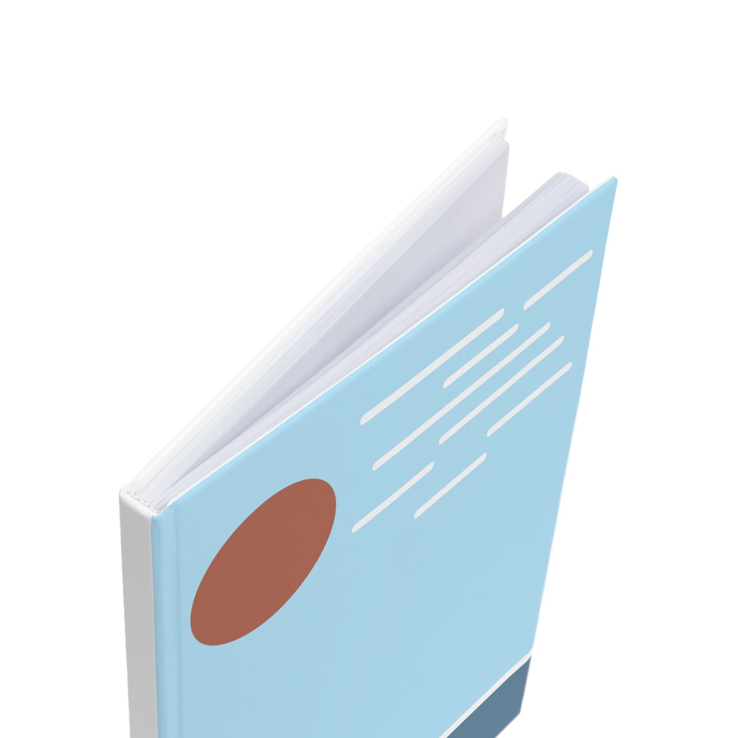 Light blue notebook with a brown circle on a white background