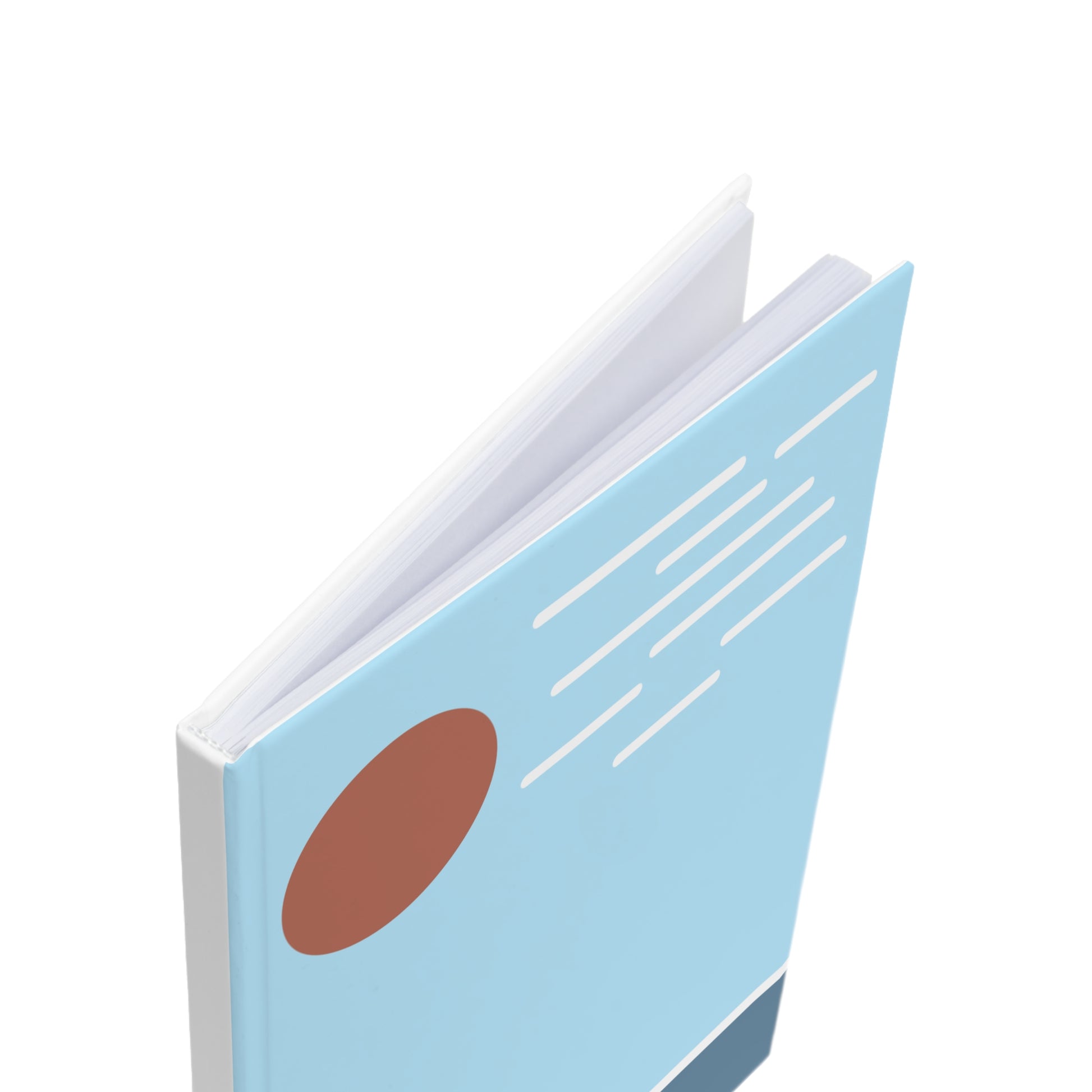 Light blue notebook with a brown circle on a white background