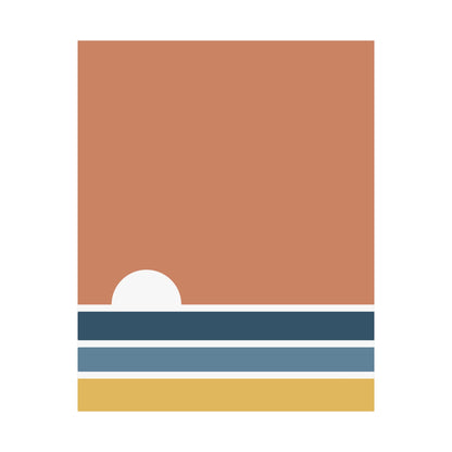 Simplified illustration of a sunset with a white sun on a brown background, followed by blue and yellow horizontal stripes.