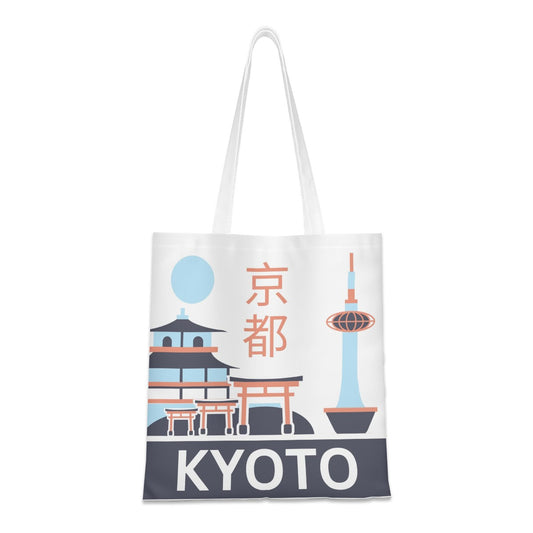 Tote bag with Kyoto landmarks and text on a white background