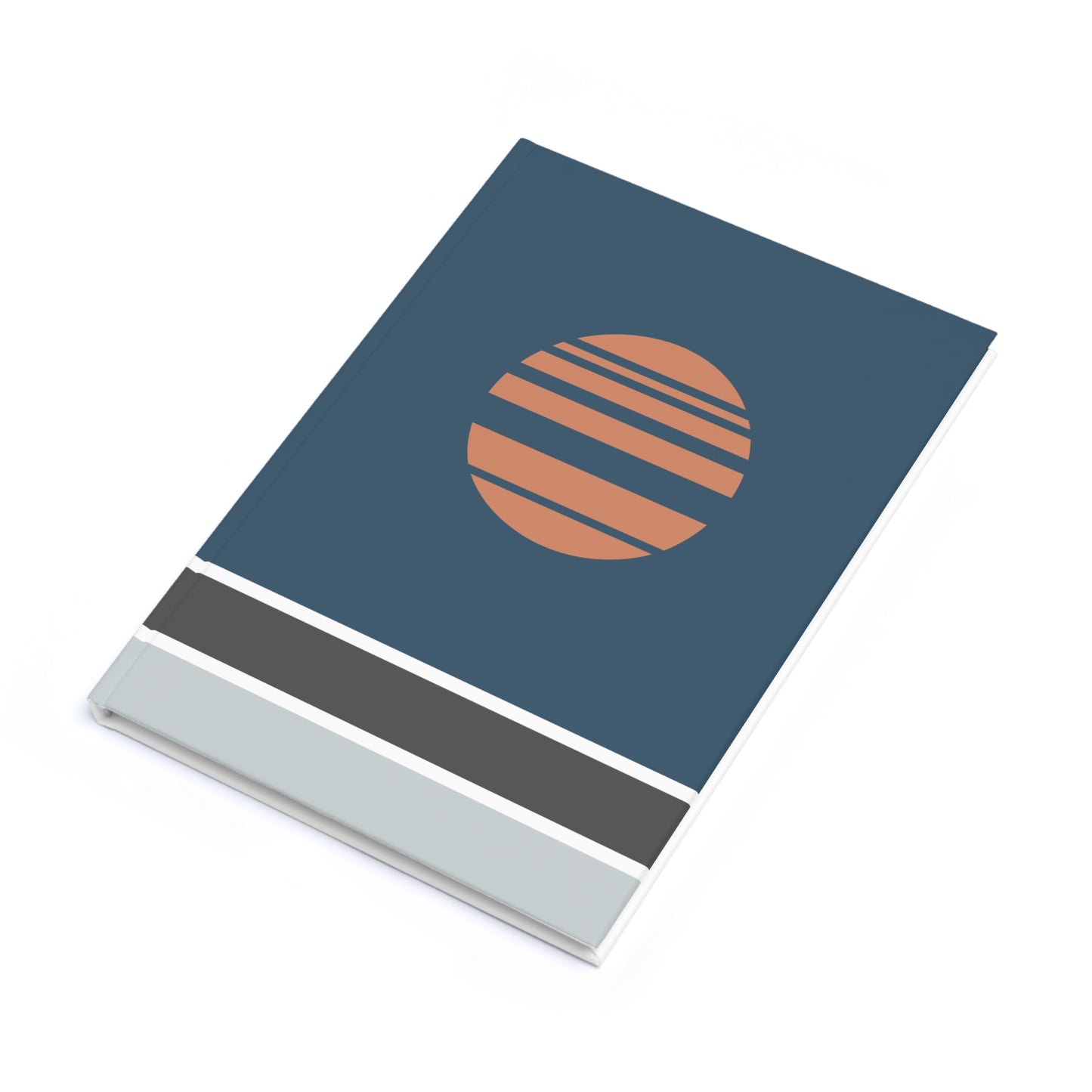 Notebook with a blue cover, orange circle, and gray stripe on a white background