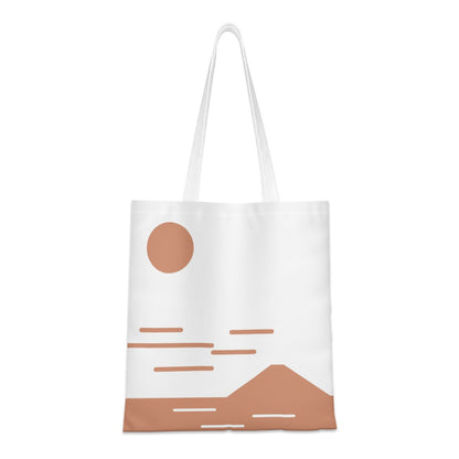 Tote bag with minimalistic design featuring a sun and mountains on a white background