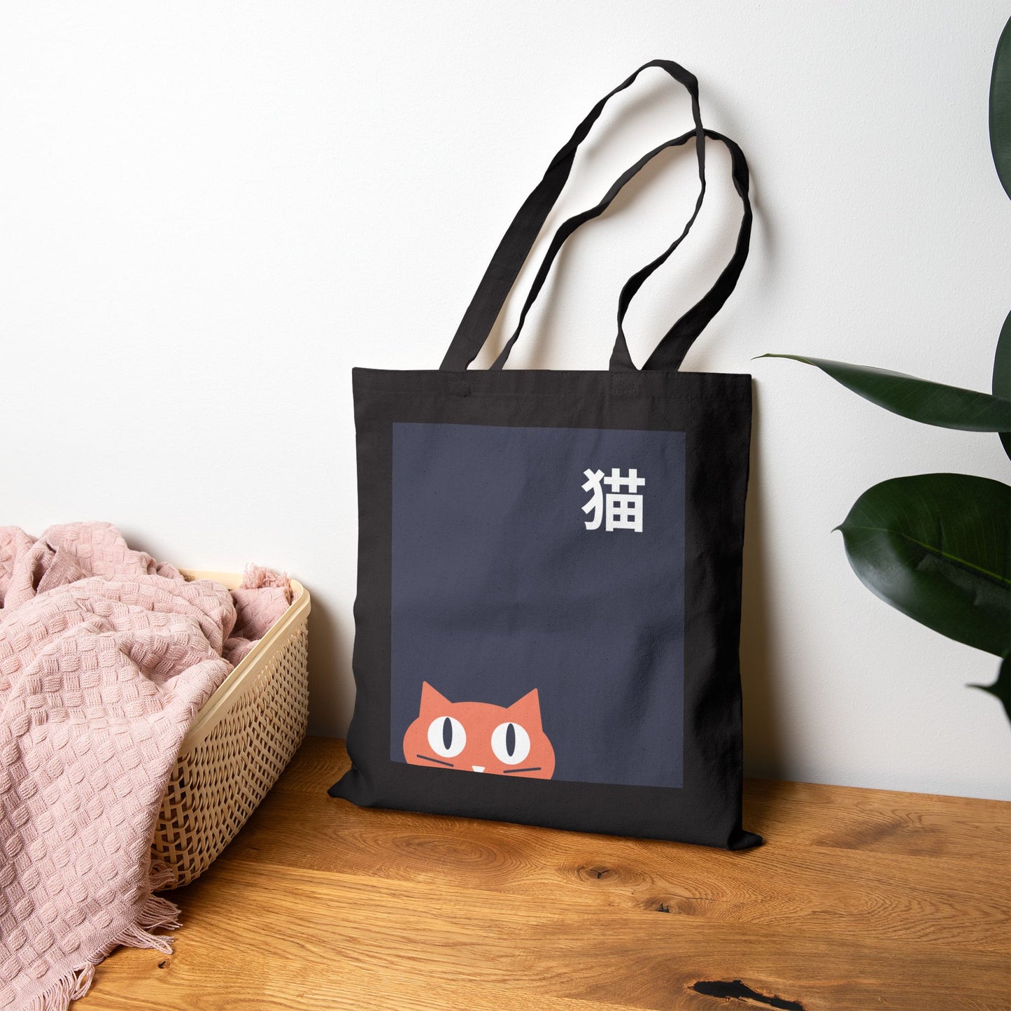 Akachan Peek Neko Canvas Tote Bag – Playful Orange Cat Japanese Tote