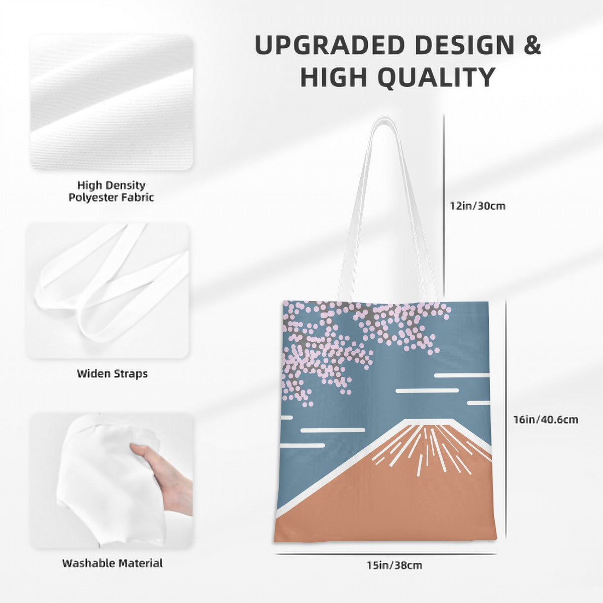 White tote bag with a design of cherry blossoms and Mount Fuji, featuring text about upgraded design and high quality.
