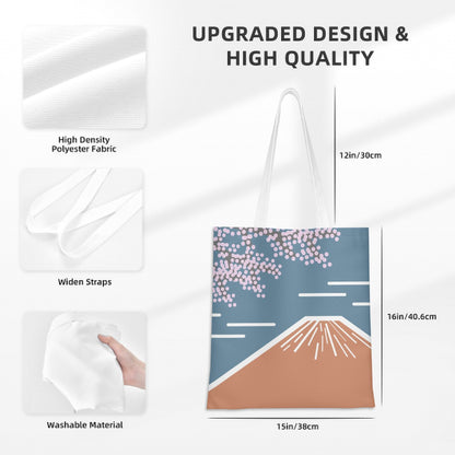 White tote bag with a design of cherry blossoms and Mount Fuji, featuring text about upgraded design and high quality.