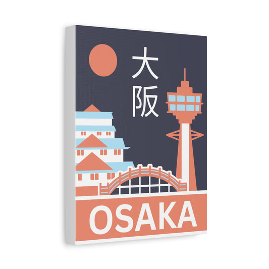 Canvas print with Osaka landmarks and text on a dark blue background
