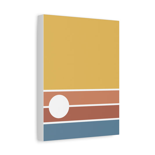 Canvas print with a minimalist design featuring horizontal stripes in yellow, red, and blue on a white background.