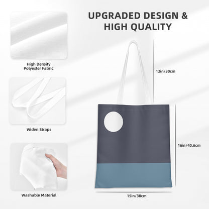 Gray and blue tote bag with fabric texture, strap width, and dimensions displayed.