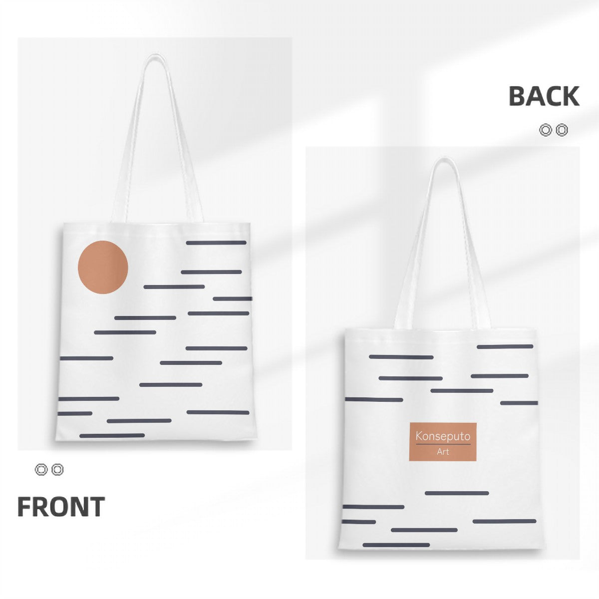 White tote bag with black patterns and a brown circle on the front, and 'Konseptu' logo on the back.