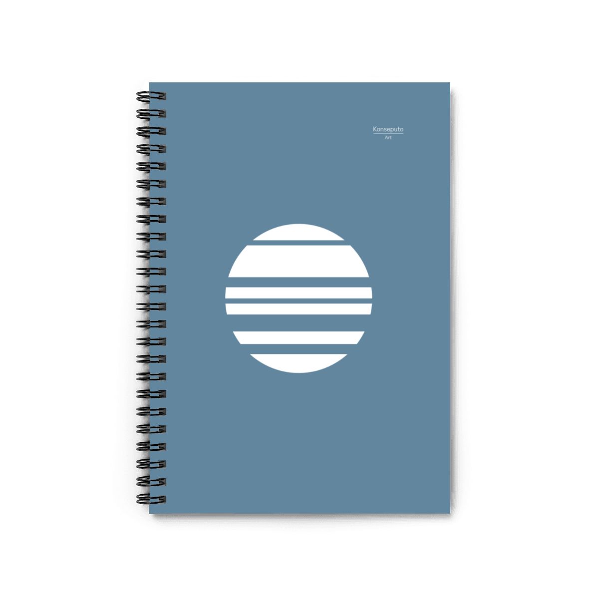 Blue notebook with a white circular design on a white background
