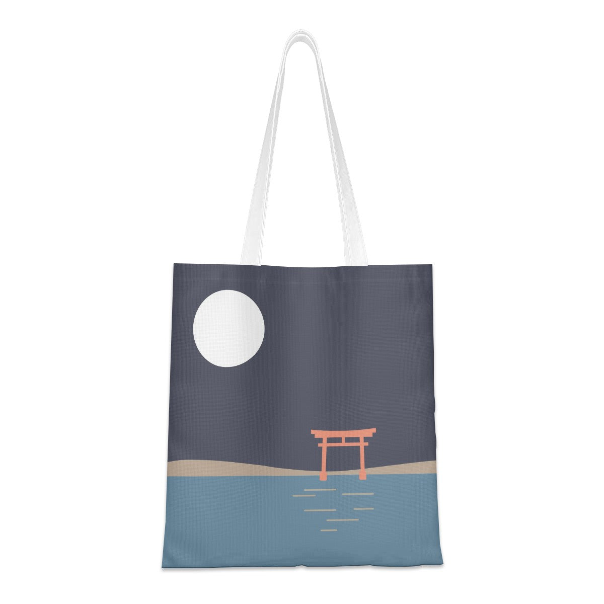 A canvas tote bag with white shoulder straps, featuring a minimalist graphic print of a Japanese torii gate at night under a large white moon over blue water.