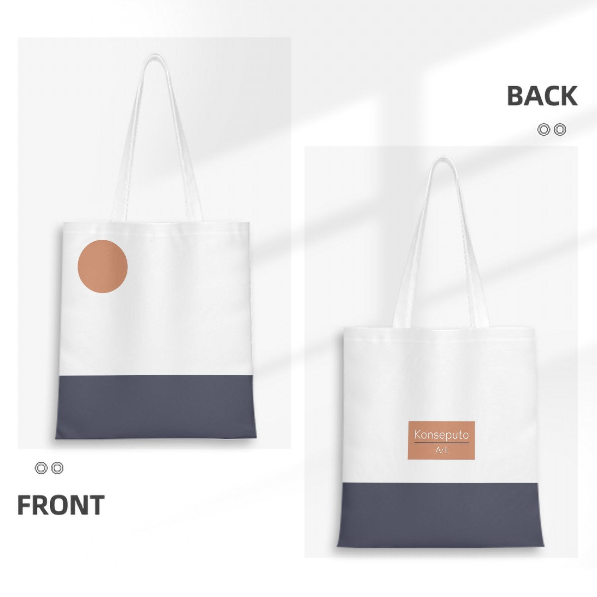 White tote bag with a brown circle and gray bottom section on a white background