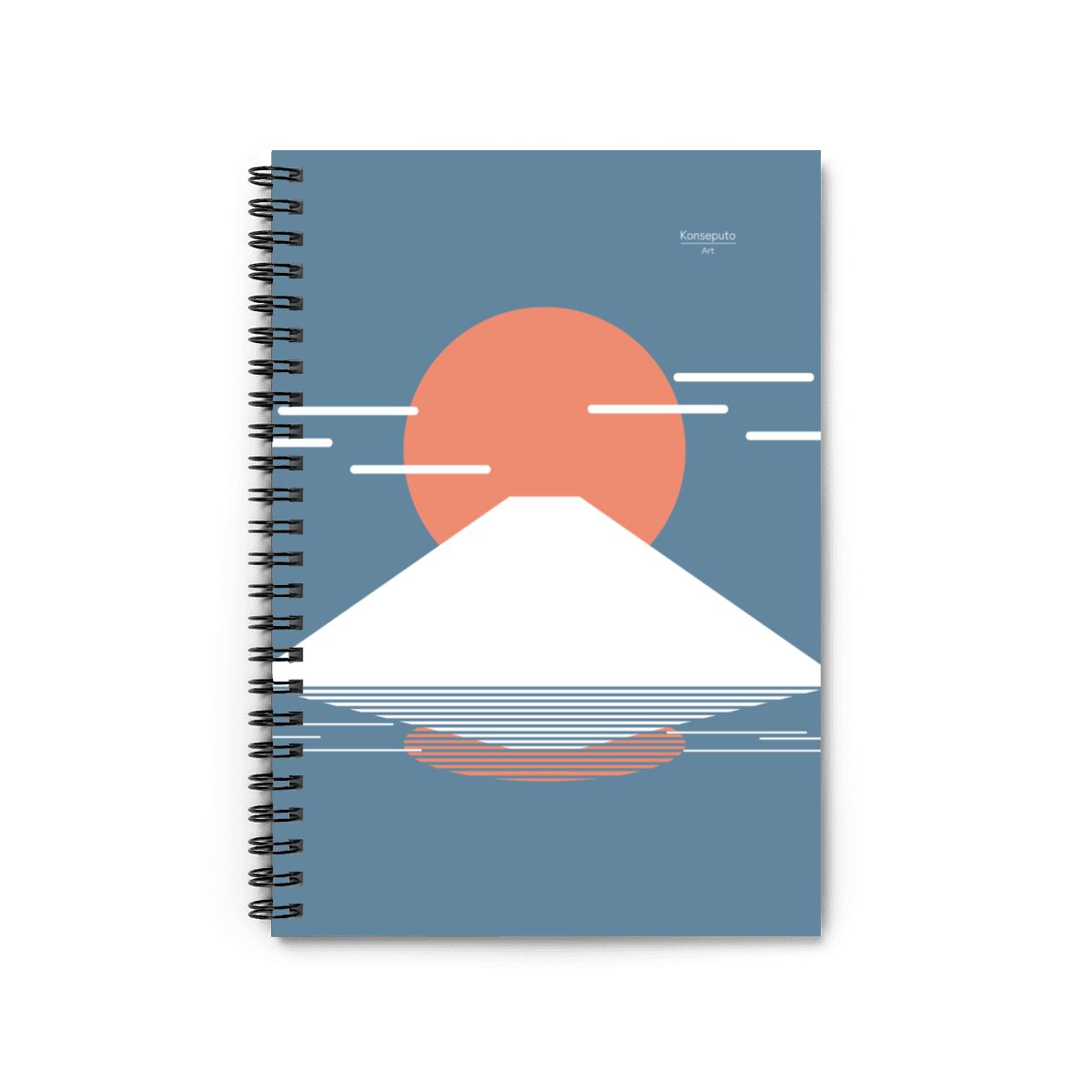 Notebook with a mountain and sun design on a blue background