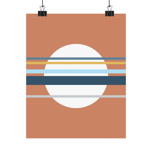 Poster with a white circle and horizontal colored stripes on a brown background