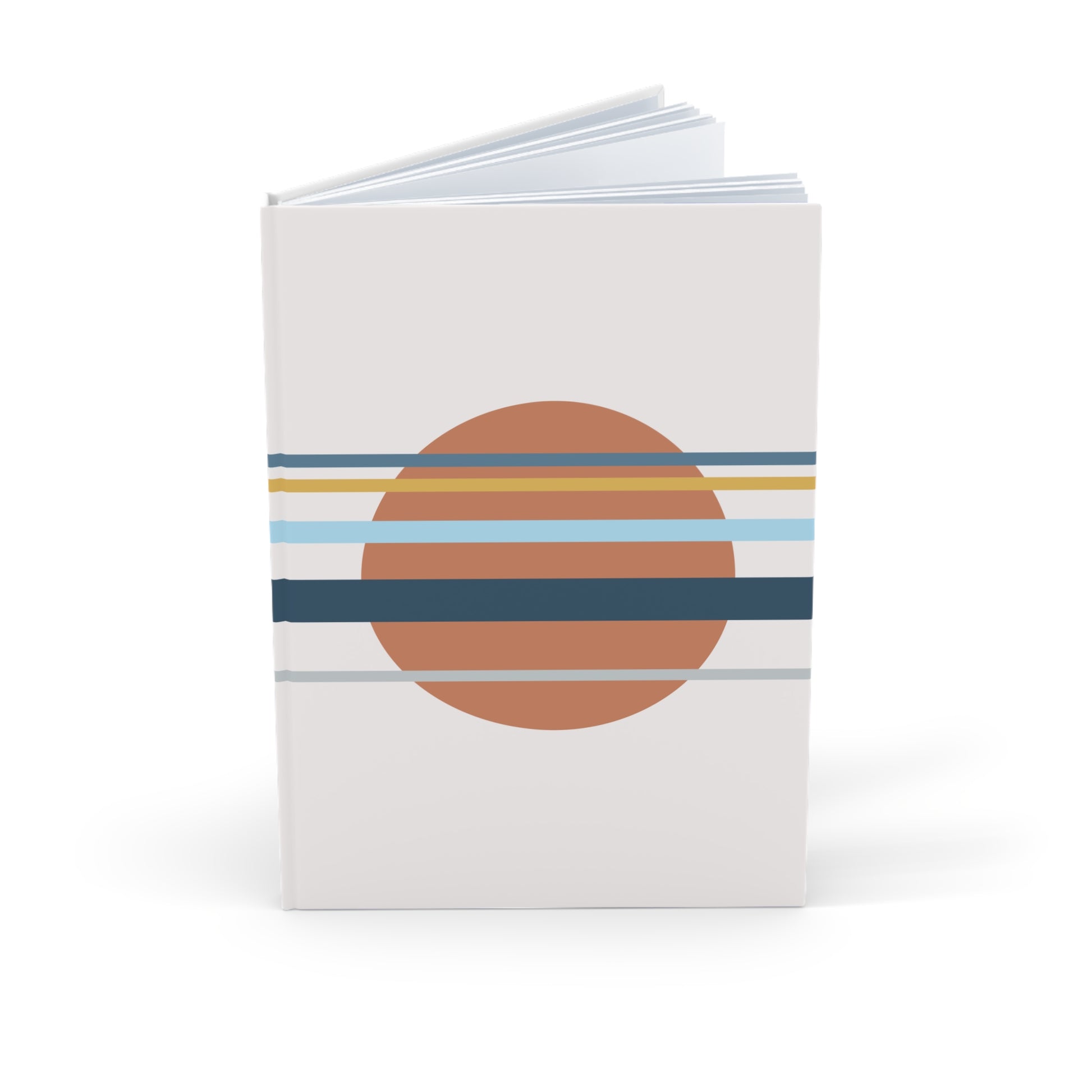 Notebook with a circular design featuring horizontal stripes on a white background