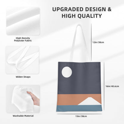 White tote bag with mountain design, high-density polyester fabric, widened straps, washable material, and measurements.