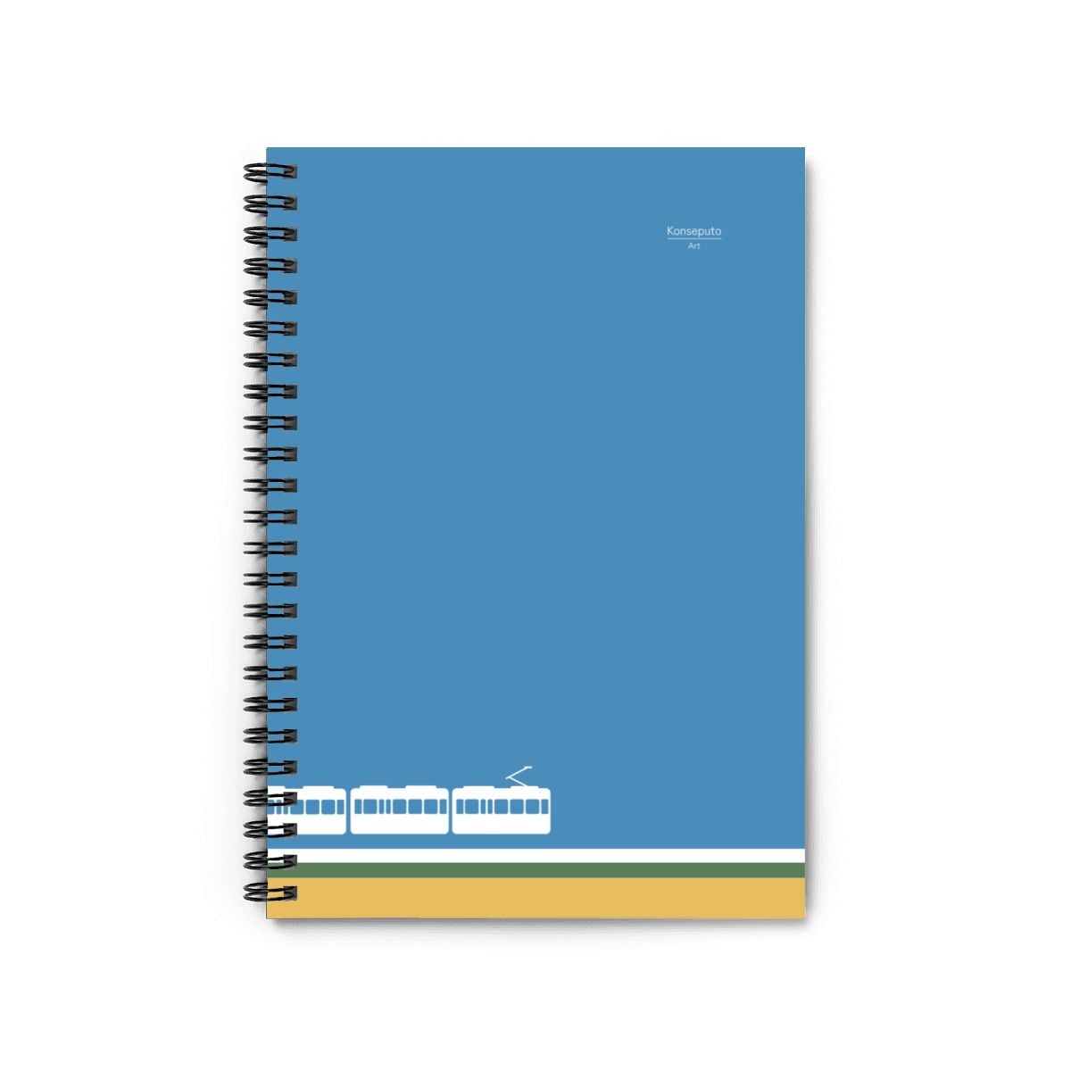 Notebook with tram design on a blue cover against a white background