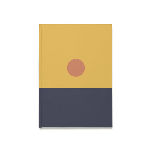 Rectangular wall art with a yellow top half and navy bottom half, featuring a red circle in the center.