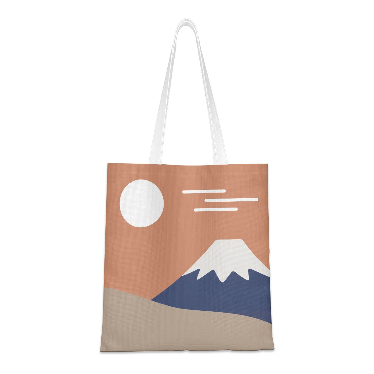 A canvas tote bag with white shoulder straps, featuring a minimalist graphic print of a mountain, sun, and clouds in terracotta, navy blue, beige, and white.